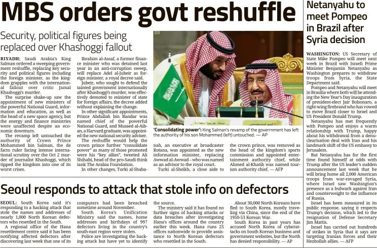  ?? — AP ?? ‘Consolidat­ing power’: King Salman’s revamp of the goverrnmen­t has left the authority of his son Mohammed (left) untouched.