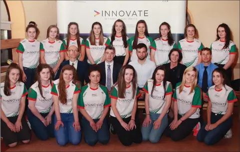  ??  ?? Gorey Community School students at the launch of their GAA trip to New York and Boston, pictured with school principal, Michael Finn, Innovate sponsors, Eoin Conroy, Conor Devitt and Mia O’Loughlin with teacher Rory Mc Carthy.