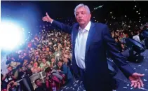  ??  ?? NEWLY ELECTED Mexico’s President Andres Manuel Lopez Obrador, running for “Juntos haremos historia” party, cheers supporters in Mexico City on July 1.
