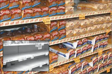  ?? Custer County Chief.
Photo - Mona Weatherly Inset - Donnis Hueftle-Bullock ?? At right, a variety of bread fills the shelves at the Grocery Kart on March 19, 2021, The inset photo shows those same shelves as pictured in the March 19, 2020 issue of the
