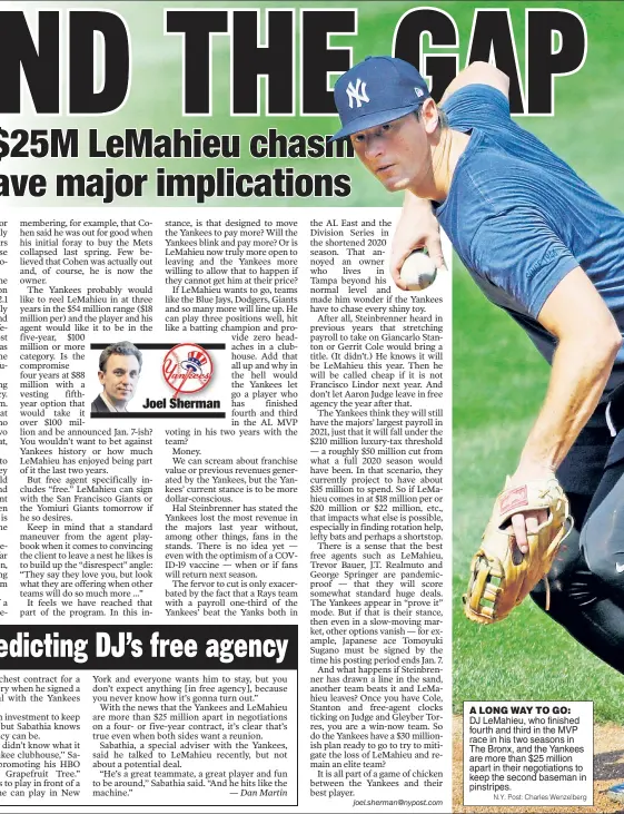  ?? N.Y. Post: Charles Wenzelberg ?? A LONG WAY TO GO:
DJ LeMahieu, who finished fourth and third in the MVP race in his two seasons in The Bronx, and the Yankees are more than $25 million apart in their negotiatio­ns to keep the second baseman in pinstripes.