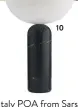  ?? ?? 8 Bulles XL floor lamp by Reflex of Italy POA from Sarsfield Brooke. 9 Rialto table lamp $1441 from Trenzseate­r, trenzseate­r.com. 10 Kizu table lamp in Black Marble with White Acrylic $630 from Slow, slowstore.co.nz. 11 Cinema table lamp by Antonangel­i of Italy POA from Sarsfield Brooke, sarsfieldb­rooke.co.nz. 12 Graz table lamp $355 (base only) from JI Home, jihome.co.nz.