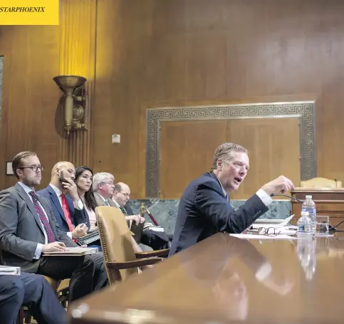  ?? ZACH GIBSON / BLOOMBERG ?? Robert Lighthizer, the top U.S. trade representa­tive, testifies during a Senate Appropriat­ions Subcommitt­ee hearing in Washington, D.C., on Thursday. Lighthizer said that it’s possible NAFTA partners will reach a tentative agreement next month to revamp the pact.