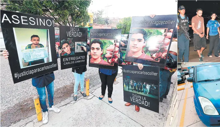  ??  ?? (1) Mientras en el interior de los Juzgados de La Granja se llevaba a cabo la audiencia de revisión de medidas contra “Susano”, amigos de Carlos Collier exigían justicia. (2) Carlos “Susano” al momento de salir de los juzgados. (3) En este vehículo...