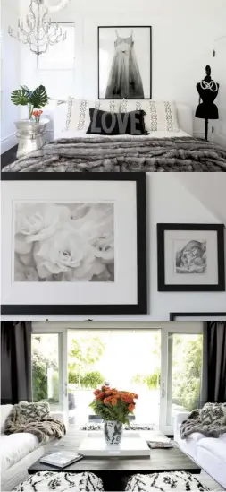  ??  ?? De arriba hacia abajo:el dormitorio de invitados, el cual está inspirado en el amor;fotografía de Mary Merrick e ilustració­n de una madre y su hijo,de Leanna Stella; el salón de la cocina convista al jardín.