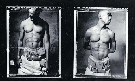  ?? DANNY CLINCH ?? Photograph­er Danny Clinch captured a shirtless Tupac Shakur in 1993 and the images have been reproduced in Vikki Tobak’s new book Contact High: A Visual History of Hip-Hop, which features contact sheets of previously unpublishe­d images taken during shoots over the last 30 years.