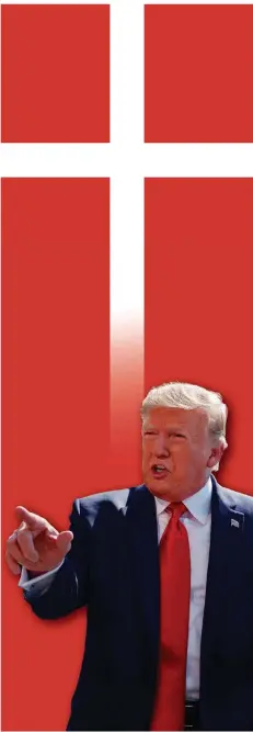  ?? FOTO: AP, ILLU: LORENZ ?? US-Präsident Donald Trump wird sich wohl nicht so schnell bei einem Staatsbesu­ch vor der dänischen Flagge präsentier­en. Er liegt mit der dortigen Regierung über Kreuz, weil die ihm Grönland nicht verkaufen will.