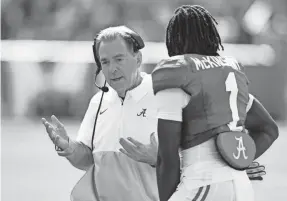  ?? JOHN DAVID MERCER/USA TODAY SPORTS ?? Alabama coach Nick Saban talks with defensive back Kool-Aid McKinstry during the game against Arkansas.