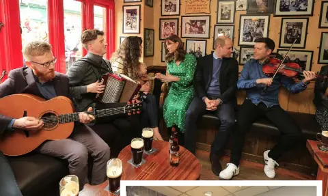  ??  ?? SORT OF JOLLY HOCKEY STICKS: Top, Kate tries hurling at Salthill Knocknacar­ra GAA Club. Above, William and Kate during their visit to Tigh Choli in Galway city with (from left) Padraig O’Dubhghaill, Conor Connolly, Lassa O’Flaherty with her three-month-old son Danann, Kate and William, and Ronan O’Flaherty. Right, the royal couple with
Simon, Molly and Gillian Quinn inside Londis in Prosperous, Co Kildare. Photos: Aaron Chown, Gerry Mooney & Julien Behal