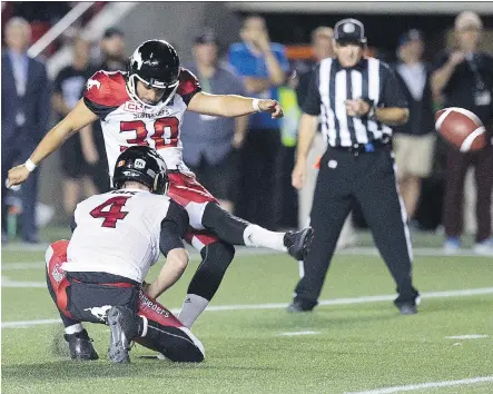  ?? FILES ?? Calgary Stampeders kicker Rene Paredes follows through on a successful field goal during CFL action. Despite his early-season woes, the Stamps say they have no plans to replace the three-time all-star.