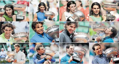  ?? [ Reuters ] ?? Zwölf Mal Rafael Nadal und der „Coupe des Mousquetai­res“: Die Siegerfoto­s des Spaniers aus Roland Garros (v. l. n. r: 2005, 2006, 2007, 2008, 2010, 2011, 2012, 2013, 2014, 2017, 2018, 2019).