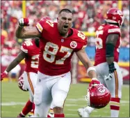  ?? ED ZURGA — THE ASSOCIATED PRESS ?? Chiefs tight end Travis Kelce celebrates during the second half during his team’s 33-29win over the Browns on Sept. 12.