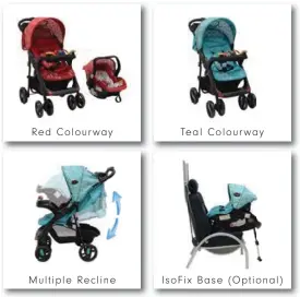  ??  ?? Red Colourway Teal Colourway Multiple Recline IsoFix Base ( Optional)