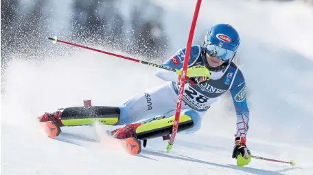  ?? Marco Trovati, The Associated Press ?? United States’ Mikaela Shiffrin competes during the slalom portion of the women’s combined race, at the alpine ski World Championsh­ips, in Cortina d’Ampezzo, Italy, on Monday.