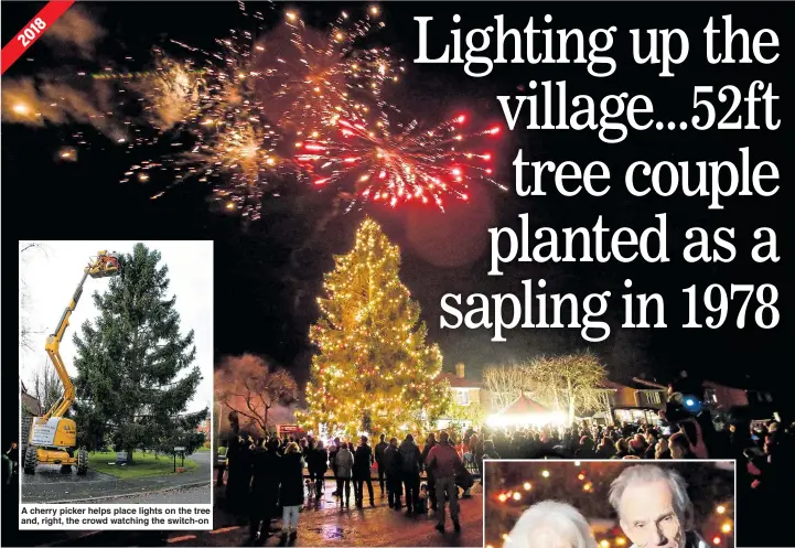  ?? Picture: SWNS ?? A cherry picker helps place lights on the tree and, right, the crowd watching the switch-on