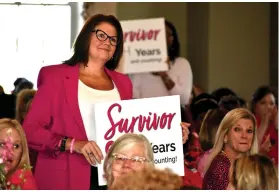  ?? (Pine Bluff Commercial/I.C. Murrell) ?? Breast cancer survivors hold up signs acknowledg­ing their years of beating the disease at the Pretty in Pink luncheon.