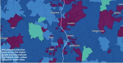  ??  ?? Map showing infection rates across the region purple and blue indicate the highest rates, yellow and green lower rates