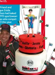  ??  ?? BELOW: With boyfriend and manager Dominique Zoida. RIGHT: The cake Dom had baked to celebrate the RYD sportswear-sponsored athletes who competed in Ironman 70.3 this year.