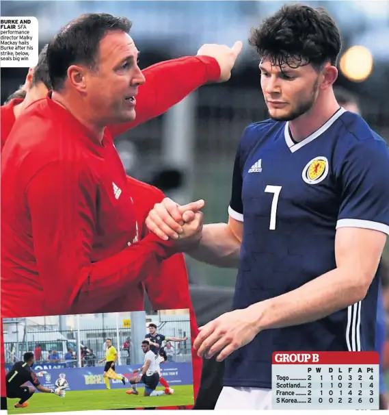  ??  ?? BURKE AND FLAIR SFA performanc­e director Malky Mackay hails Burke after his strike, below, seals big win