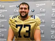  ?? KEN SUGIURA/AJC 2019 ?? Former Tech starting left tackle Zach Quinney decided to walk away from football after getting a job offer from Norfolk Southern.
