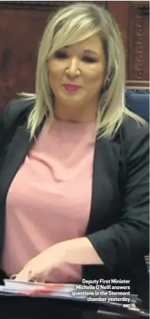  ?? BBC ?? Deputy First Minister Michelle O’neill answers questions in the Stormont
chamber yesterday