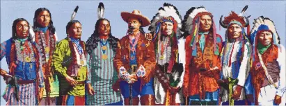  ?? COURTESY OF THE ALBUQUERQU­E MUSEUM ?? Unknown title, (Buffalo Bill Cody with Pawnee and Lakota Men), Marcus Amerman, Choctaw, ca. 2010s, glass beads on fabric, 9⅜×26⅞ inches, gift of the estate of Ruth and Sidney Schultz.