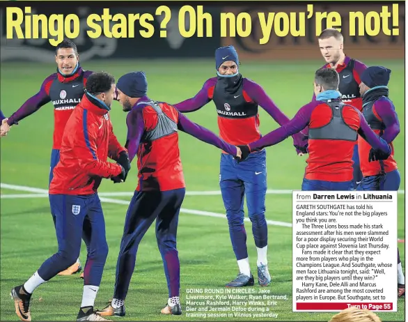  ??  ?? GOING ROUND IN CIRCLES: Jake Livermore, Kyle Walker, Ryan Bertrand, Marcus Rashford, Harry Winks, Eric Dier and Jermain Defoe during a training session in Vilnius yesterday