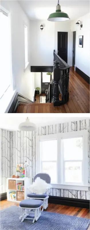  ??  ?? Heritage Details DuChateau’s Trestle oiled white oak flooring has the patina of reclaimed building materials (while still being FSC- certified) and matches the vintage stair treads and banister (top).
Oh Baby With Cole and Son’s Woods paper on the...