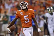  ?? RICHARD SHIRO - THE ASSOCIATED PRESS ?? FILE - In this Sept. 21, 2019, file photo, Clemson’s Tee Higgins reacts after scoring a touchdown during the first half of the team’s NCAA college football game against Charlotte, in Clemson, S.C. Higgins was selected to The Associated Press All-Atlantic Coast Conference football team, Tuesday, Dec. 10, 2019.