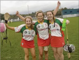  ??  ?? Moya Cremin, Ann Marie Doran and Ciara Boland celebrate Kiltegan’s Intermedia­te league victory over Bray Emmets on Saturday.