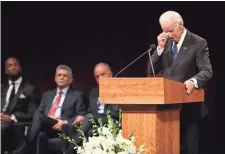  ??  ?? Former Vice President Joe Biden wipes a tear away as he pays tribute to McCain at North Phoenix Baptist Church on Thursday morning.