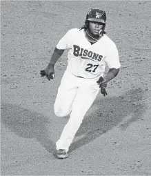  ?? JEFFREY T. BARNES THE ASSOCIATED PRESS ?? Bisons’ Vladimir Guerrero Jr. rounds second base during the team’s Triple-A baseball game against the Lehigh Valley IronPigs on Tuesday. .