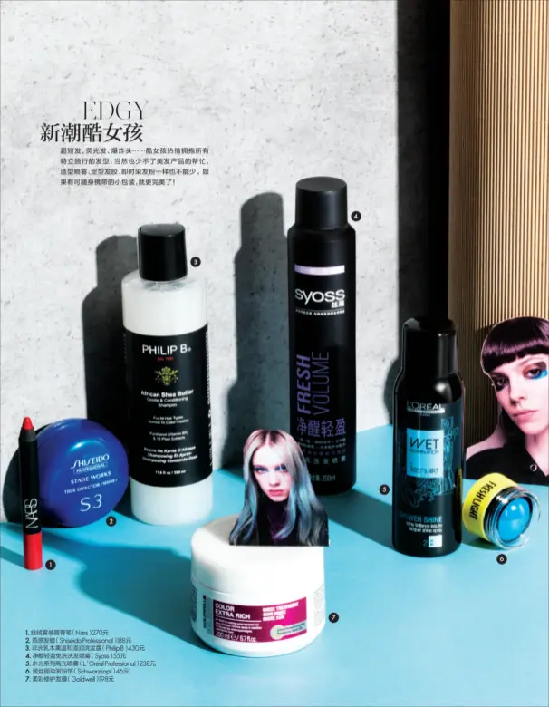  ??  ?? 1. 丝绒雾感唇膏笔（ Nars）270元2. 质感发蜡（ Shiseido Profession­al）188元3.非洲乳木果温和滋润洗­发露（ Philip B）430元4.净醒轻盈免洗洗发喷雾（ Syoss）55元5.水光系列高光喷雾（ L’Oréal Profession­al）238元6.斐丝丽染发粉饼（ Schwarzkop­f）46元7.柔彩修护发膜（ Goldwell）198元