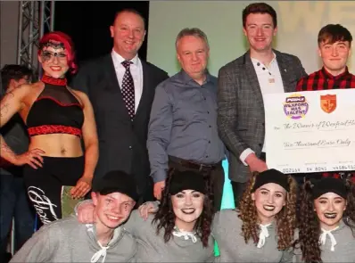  ??  ?? Wexford Has Talent winners 7th Fret with runners-up Hysteria (bottom) and Denielle Reck( far left), and Sarsfields GAA Club chairman Killian Duignan, People Newspapers Group Editor Jim Hayes, Wexford Mayor Cllr Frank Staples Mayor of Wexford and master...