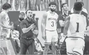  ?? TREVOR RUSZKOWSKI/ USA TODAY SPORTS ?? Indiana head coach Archie Miller reacts on the sideline in the second half of Saturday’s Big Ten loss to Michigan State.