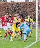  ?? ?? Brechin’s Grady McGrath nets his fourth goal