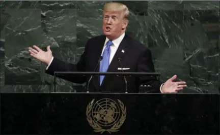  ?? RICHARD DREW — ASSOCIATED PRESS ?? U.S. President Donald Trump addresses the 72nd session of the United Nations General Assembly, at U.N. headquarte­rs, Tuesday.