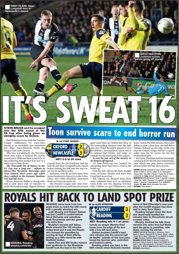  ??  ?? ■
FIRST CLASS: Sean Longstaff fires in Newcastle’s opener
■
HEROES: Reading players celebrate
■
SHOOTING STAR: Joelinton scores before going off injured