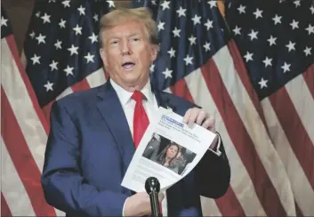  ?? AP PHOTO/MARY ALTAFFER ?? Former President Donald Trump holds up a copy of a story featuring New York Attorney General Letitia James while speaking during a news conference, on Jan. 11, in New York.