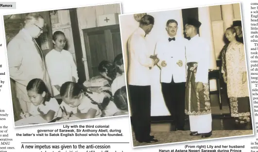  ?? ?? (From right) Lily and her husband Harun at Astana Negeri Sarawak during Prince Philip, Duke of Edinburgh’s (left) visit to Sarawak in 1959.
