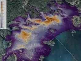  ?? ILLUSTRASJ­ON: COWI ?? Kart som viser spredning av PM10 (svevestøv) fra vedfyring i Kristiansa­nd. Konsentras­jonen er størst naer sentrum, men også betydelig i sentrale Vågsbygd.