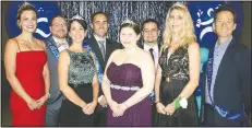  ?? NWA Democrat-Gazette/CARIN SCHOPPMEYE­R ?? Shea Nuckols (from left), Corey Ball, Brandi McKinney, J.P. Lascalere, Ashley Batchelor, Alex Ahmad, Andrea Albright and Blue Mhoon, Cool Summer Homecoming court candidates, gather for a photo at the Kendrick Fincher Hydration Foundation benefit Aug....