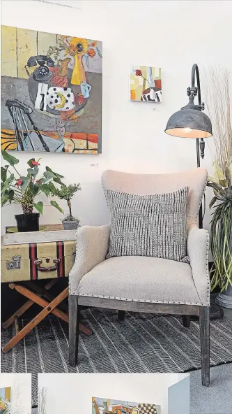  ??  ?? In the first vignette a wingback chair, a lamp and small table pair with two paintings by Jan Kendrick. As Joseph says, “they speak to each other.” The domestic scenes portrayed in the work complement the pieces chosen from Graham &amp; Brooks.