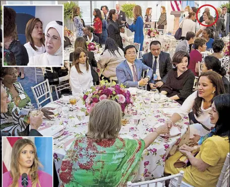  ?? AFP ?? President Duterte’s partner Cielito ‘Honeylet’ Avanceña (encircled and top inset) chats with spouses of world leaders during a United Nations luncheon at the US Mission in New York on Sept. 20. US First Lady Melania Trump (lower inset) hosted the...