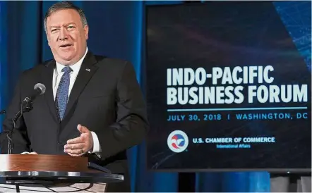  ?? — AFP ?? Strategic manoeuvrin­g: US Secretary of State Mike Pompeo delivering a keynote address on ‘American’s Indo-Pacific Economic Vision’ at the Indo-Pacific Business Forum in Washington DC.