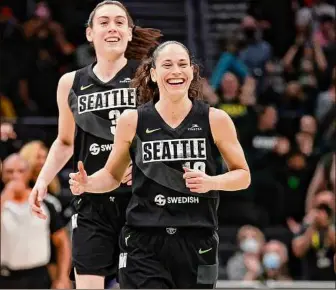  ?? Steph Chambers / Getty Images ?? Breanna Stewart, left, and Sue Bird both play for Seattle, and both played for UConn in college. Stewart traded for Bird on Saturday in the All-Star Game draft. The All-Star Game is on July 10 in Chicago. Bird has said she is retiring at the end of the season. She was swapped for Sylvia Fowles, who is also playing her final season. Bird and Fowles are serving as co-captains for their respective teams in the All-Star Game. It will be Bird’s record 13th All-Star Game, and Fowles’ eighth.