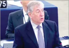  ?? SUPPLIED ?? European Commission member Karmenu Vella speaks at a session of the EU Parliament where a resolution calling for sanctions on Cambodia passed last year.