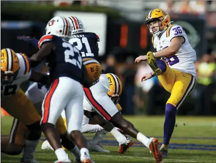  ?? ASSOCIATED PRESS FILE PHOTO ?? LSU kicker Cade York (36) boots a field goal during the second quarter of a 2020game against Auburn in Auburn, Ala. The Cleveland Browns selected York in the fourth round (124th overall) of the NFL draft.