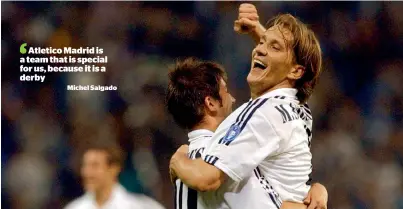  ?? — AFP file ?? Real Madrid’s Michel Salgado (right) celebrates his goal against Genk with Celades (left) during a Champions League match in 2002. Salgado won two Champions League titles with Real Madrid in 2000 and 2002.