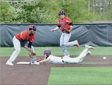  ?? PAUL DICICCO — FOR THE NEWS-HERALD ?? Hawken’s Khalil Suggs covers second base while a runner for University tries to steal the base.